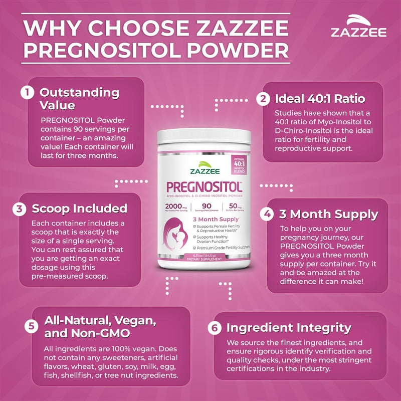 Zazzee PREGNOSITOL Powder, 3 Month Supply, Myo-Inositol & D-Chiro Inositol | 40:1 Fertility Blend, Free Scoop for Exact Dosage, Premium Balanced Formula, 180 Servings, Vegan, All-Natural and Non-GMO 6.51 Ounce (Pack of 1)