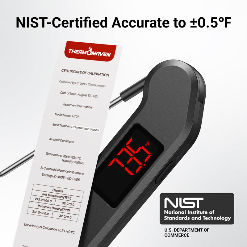 Professional Digital Meat Thermometer, 1 Sec Instant Read, ±0.5℉ Accuracy NIST&NSF Certified Food Thermometer, Auto-Rotate Bright LED Screen, Highly Waterproof Cooking Thermometer for Grill BBQ, Black - BeesActive Australia