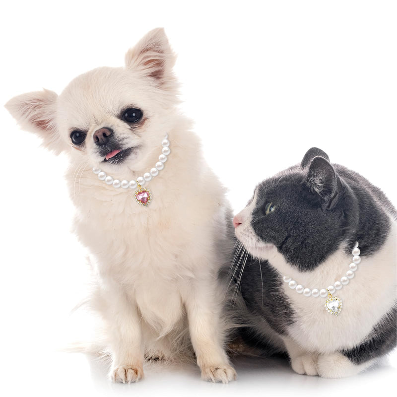 2 Pcs Cat Dog Pearl Necklace Small Heart Shape Rhinestone Pet Collar Adjustable Dog Collar Wedding Party Pet Jewelry Accessories for Cats Puppy Small Dogs (Pink, White) - BeesActive Australia