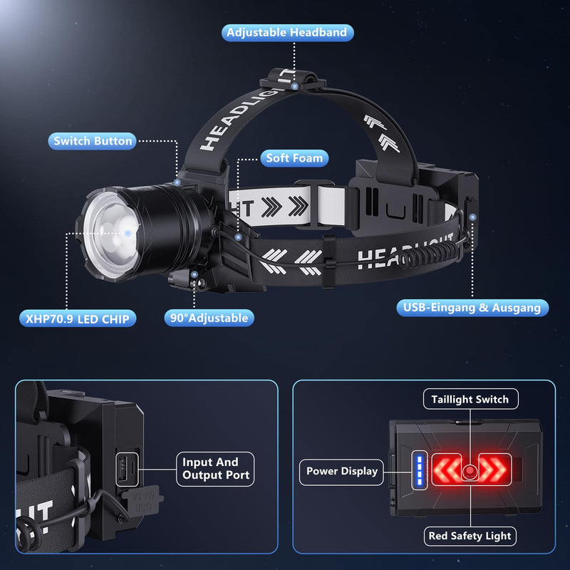 Super Bright Headlamp Rechargeable 2000 Lumens, 7 Modes Head Lamp, Zoomable Head Light for Forehead, 90° Adjustable Headlamps for Adults, Long Runtime & Waterproof Fishing, Camping Black 1 Pack