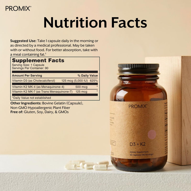 ProMix Nutrition Vitamin D3 K2 5,000 IU Capsule Supplement - 90 Count | Vitamin D3 K2 Supplement for Immune Support, Bone Strength, Heart Health & Calcium Absorption Every Day