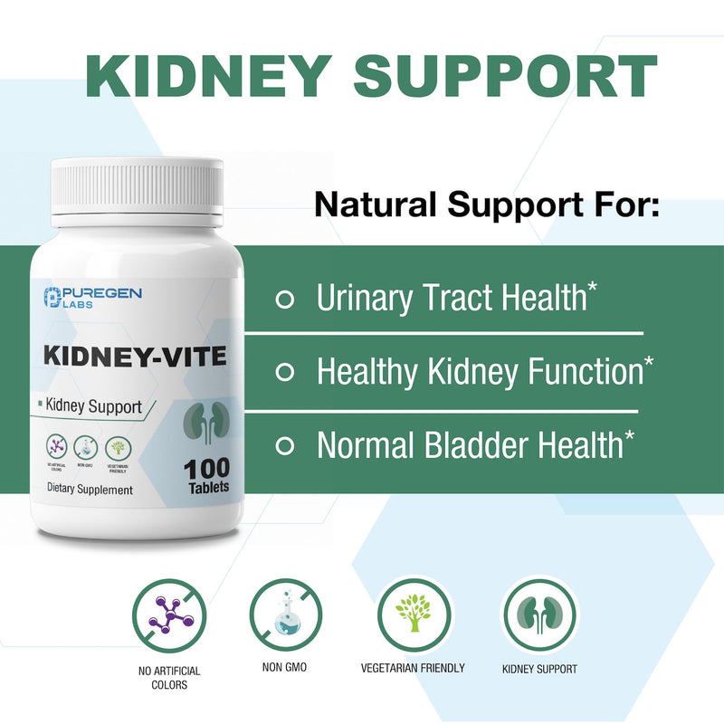 Puregen Labs Kidney-Vite | Premier Kidney, Renal Support | Non-GMO, Gluten-Free, No Artificial Color Additives - 100 Vegetarian Tablets 1