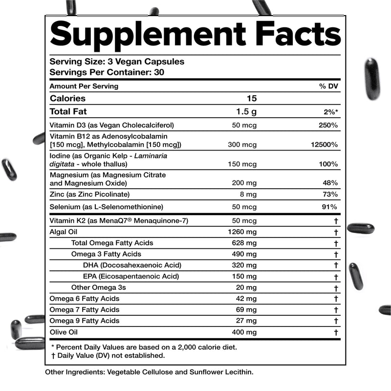 Complement Essential Vegan Multivitamin for Women & Men (30 Servings) | Immune Support Supplement - Omega-3 DHA & EPA, B12, Vitamin D3 & K2, Zinc, Selenium, Magnesium, Iodine 90 Capsules 90 Count (Pack of 1) Vitamins Only
