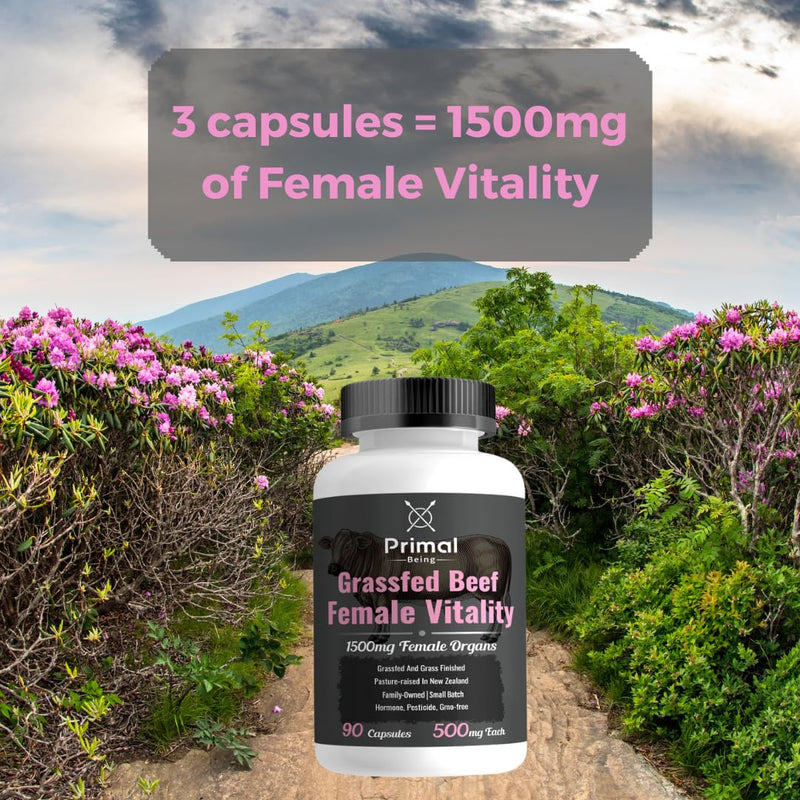 Primal Being Grassfed Beef Female Vitality Supplement- Supports Hormonal Health, Fertility, Inflammation, Energy - 90 Capsules, 1500mg per Serving - BeesActive Australia
