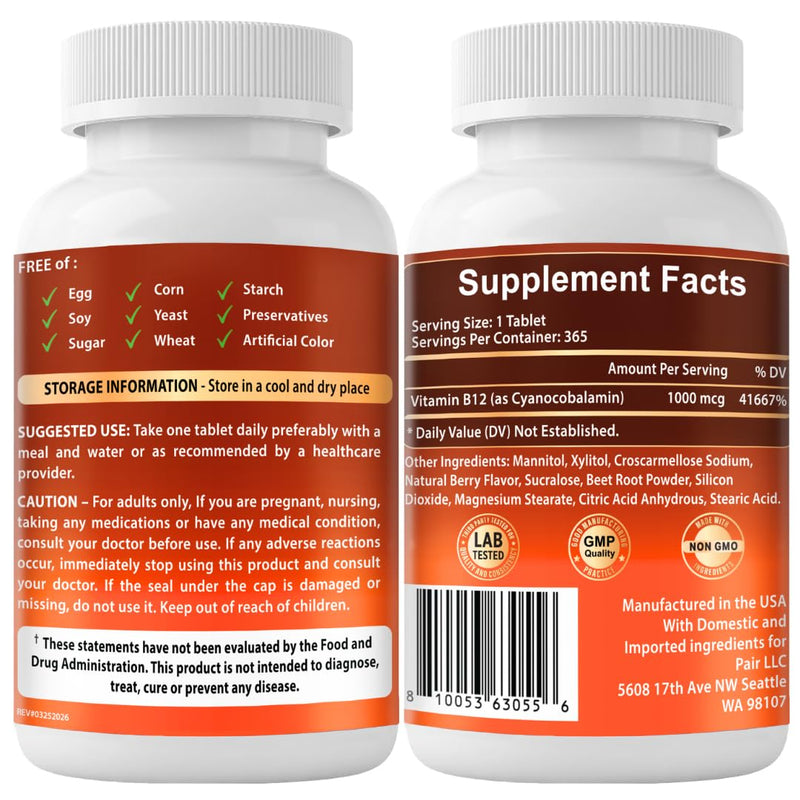 VITBOOST Vitamin B12 1000 mcg Chewable Tablets Natural Berry Flavor, 365 CT | B-12 Vitamin for Energy & Nervous System Support - Non-GMO Tablets, Third Party Tested - Made in USA