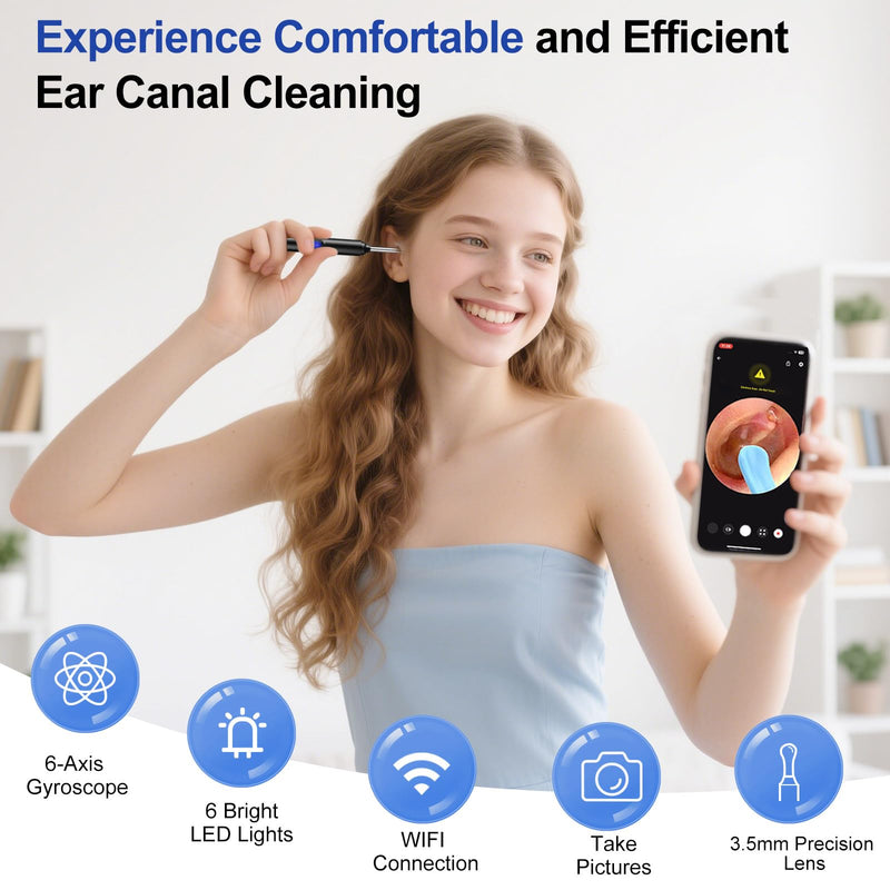 AI Eardrum Alert, AI Ear Wax Removal Kit, 1080P HD Camera with 6-Axis Gyroscope, Waterproof Lens, 230mAh Battery, Earwax Removal Tool with 8 Pcs Ear Set, Otoscope Camera for iOS & Android (Black) - BeesActive Australia