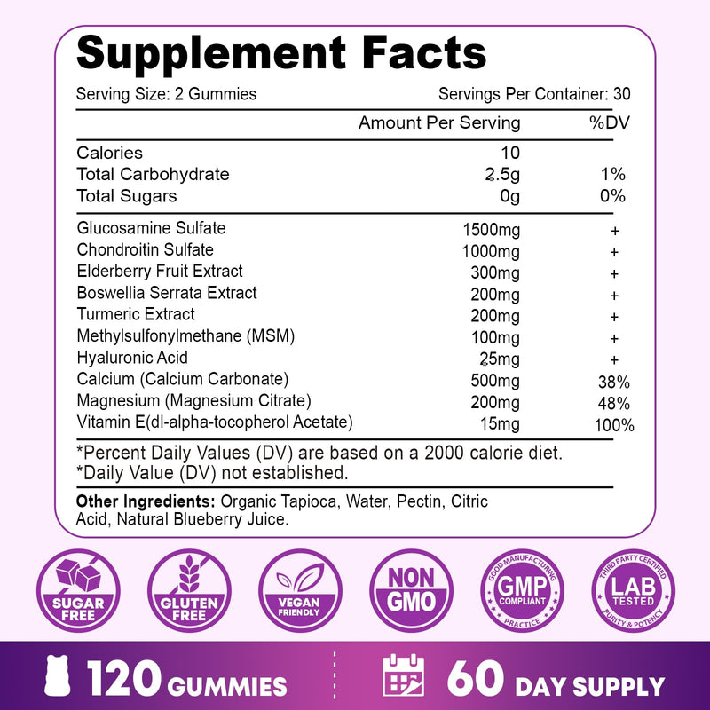 2 Pack Glucosamine Chondroitin Gummies - Glucosamine Chondroitin with MSM, Elderberry, Turmeric, Joint Support Supplement for Adults, Men & Women - Blueberry Flavor, 120 Cts 60 Count (Pack of 2)