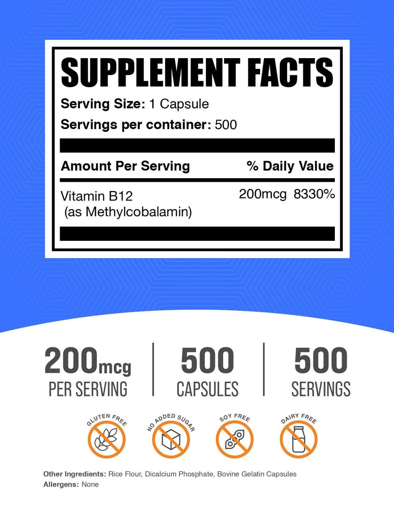 BulkSupplements.com Vitamin B12 Methylcobalamin Capsules - B12 Vitamin Supplement, B12 200mcg, for Energy Support - Gluten Free, 1 Capsule per Serving, 500 Capsules (Pack of 1)