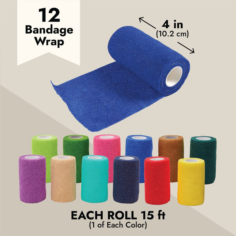 Juvale 12 Rolls Colorful Self Adhesive Bandage Wrap 4 Inch Wide x 5 Yards - Cohesive Vet Tape for First Aid, Sports, Tattoo (12 Colors) 12 Count (Pack of 1) - BeesActive Australia