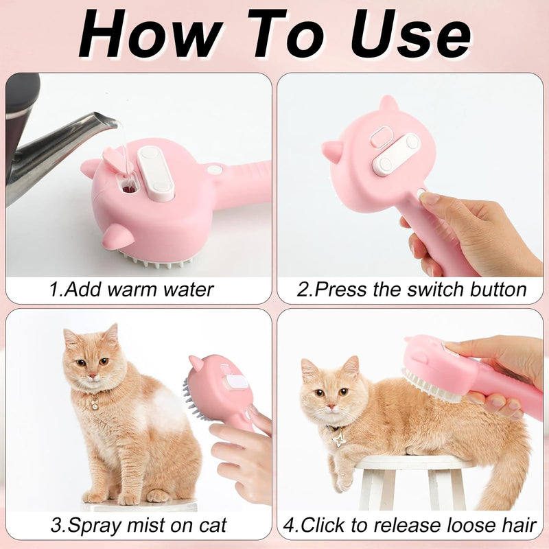 Cat brush with steam, 4 in 1 steam brush cat, multifunctional cat brush, cat steam brush for massage, care and hair removal animal hair brush steam brush with water tank steam brush cat pink - BeesActive Australia