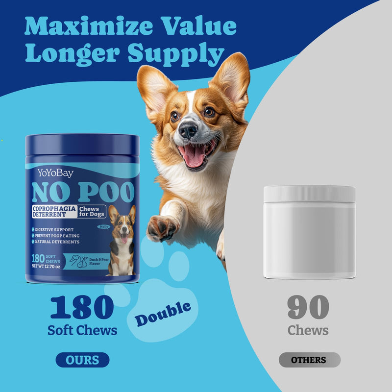 No Poo Chews for Dogs, Coprophagia Deterrent, Stool Eating Deterrent - with Probiotics, Fiber Blend, Natural Deterrent - Digestive Health & Immune Support - 180 Soft Chews, Duck & Pear Flavor 180ct-No Poo Chews