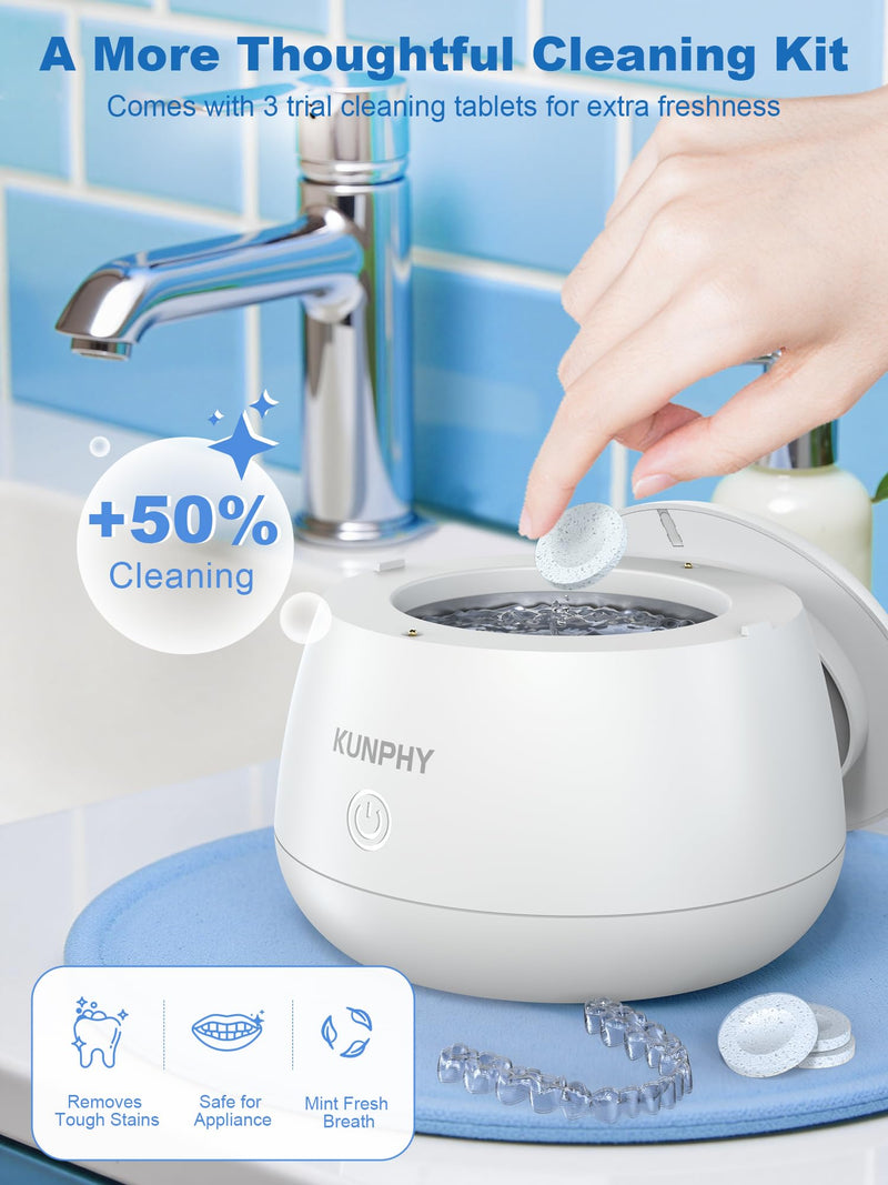 KUNPHY Ultrasonic Retainer Cleaner Machine, 48kHz Dental Cleaning Pod for Braces, Night Guard, Mouthguard, Toothbrush, Denture, Jewelry White 200ML - BeesActive Australia