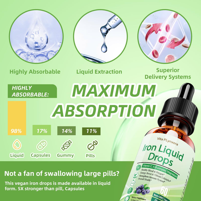 2 Pack Liquid Iron Supplement for Women Men & Kids, Vegan Iron Drops with Vitamin C D, B12, B-Complex, High Potency Liquid with Multivitamin for Anemia, Energy Support, Magnesium Iron Gentle Blueberry 2 Fl Oz (Pack of 2)