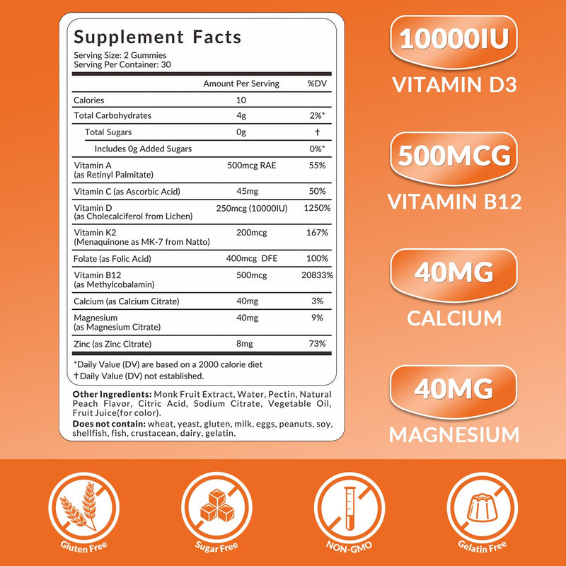 Vitamin D3 B12 Gummies, Vitamin B12 & Vitamin D 10000IU for Women Men | B12 Vitamins with Vitamin K2, Calcium, Magnesium, Sugar Free, Vegan 60 Count (Pack of 2)