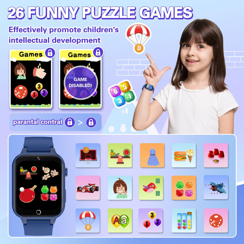 Vakzovy Smart Watch for Kids with 39 Puzzle Games HD Camera MP3 Player Audiobook Video Pedometer Habit Tracking Learn Card Flashlight Kids Smart Watch Boys Gift for 5-12 Year Old Boys Toys Blue - BeesActive Australia