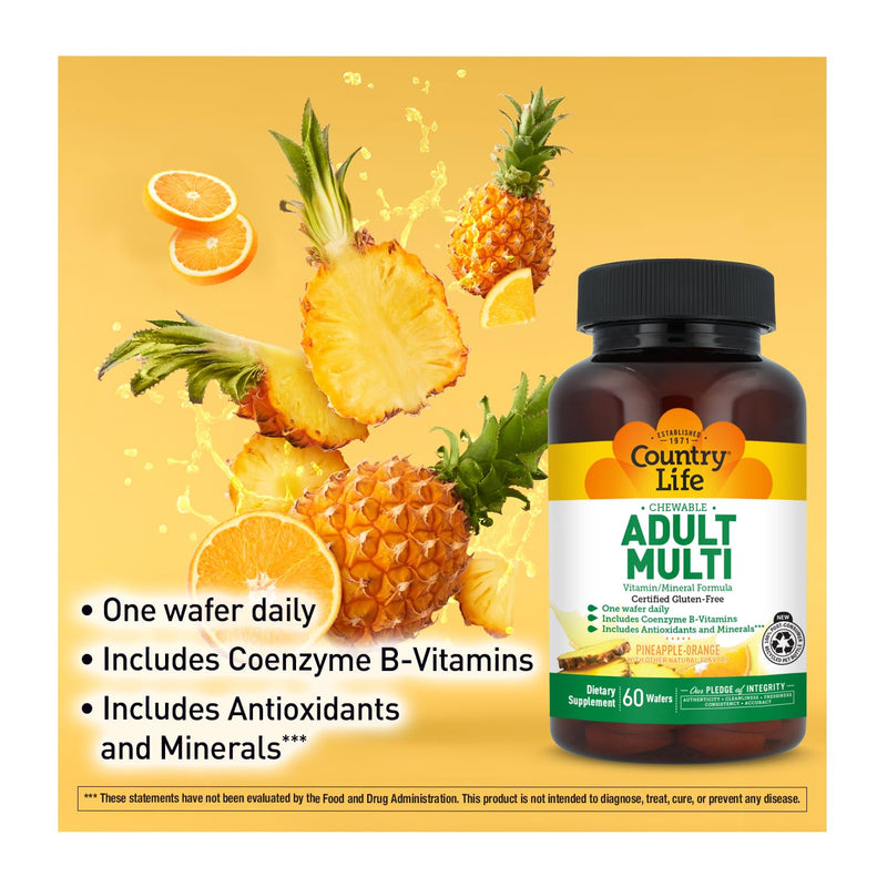 Country Life Adult Chewable Multivitamin, Pineapple Orange, 60 Wafers | 60 servings with coenzyme B vitamins, antioxidants and minerals in one daily wafer; certified gluten free and vegetarian