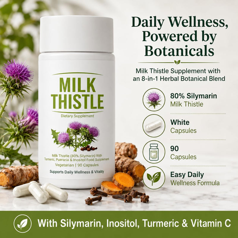 Milk Thistle Liver Detox, Vegan Support, 90 Capsules | 8 In 1 Blend Liver Support Supplement with 80% Silymarin, Inositol, Turmeric & Vitamin C, Daily Wellness Formula.1pc 1pc