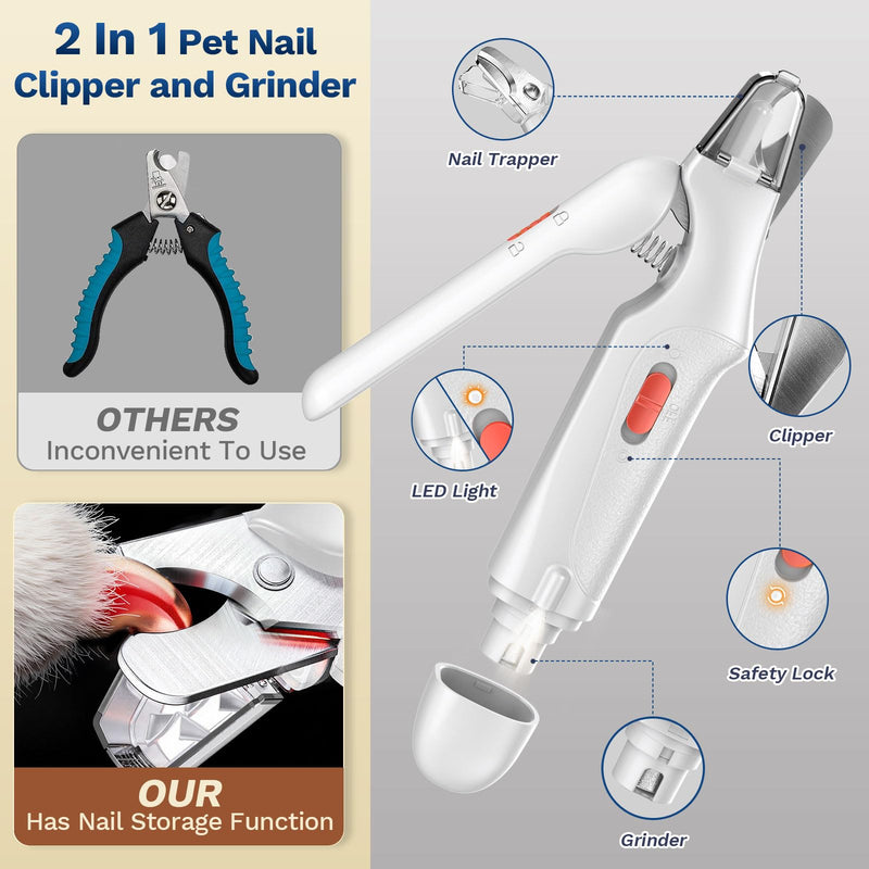 2 in 1 Dog Nail Clippers & Cat Nail Clippers Trimmers for Large Medium Small Dogs Cats Claw Trimmer Quick Sensor and Safety Guard USB Rechargeable Dogs Nail Trimmer with Catcher & 2 LED Lights White