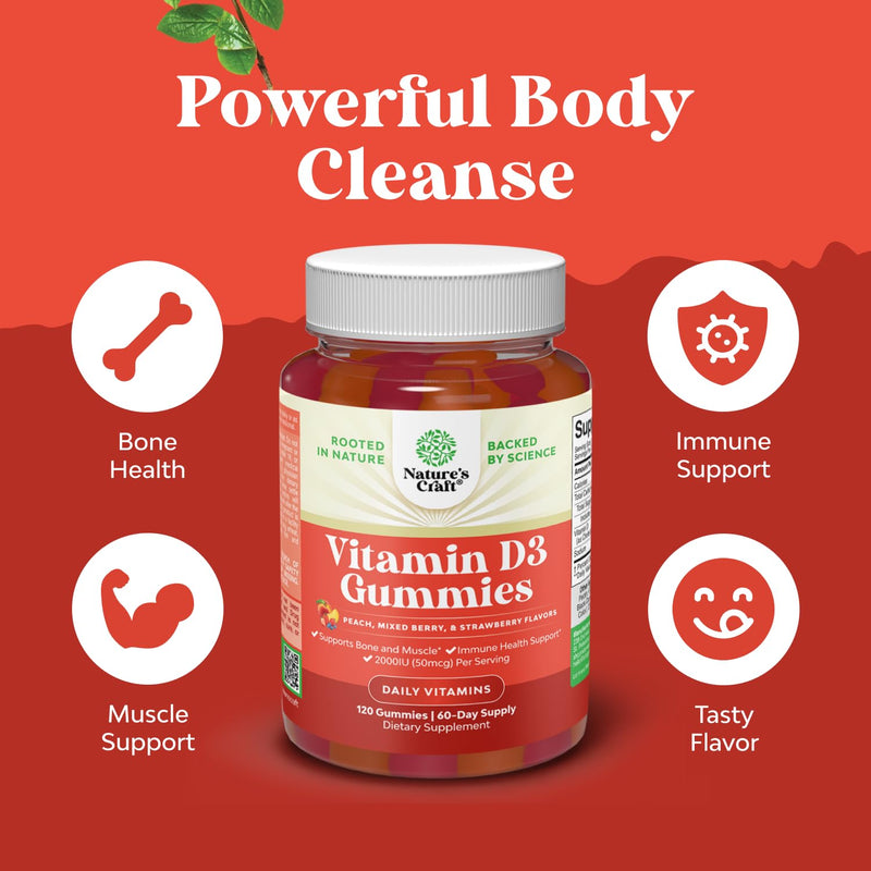Natures Craft Vitamin D3 Gummies for Daily Wellness - Delicious Vitamin D Gummies for Adults with D3 2000IU per Serving Bone Muscle & Immune Support - Non-GMO Gelatin & Gluten Free - 120 Count 120 Count (Pack of 1)