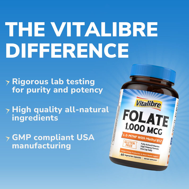 Vitalibre Methyl Folate 1000 mcg, L-5-MTHF with Methylcobalamin B12, Heart & Blood Health, Healthy Nervous System, Energy Support, Vegan, Bioactive Form, Best Absorption, 60 Capsules 60 Count (Pack of 1)