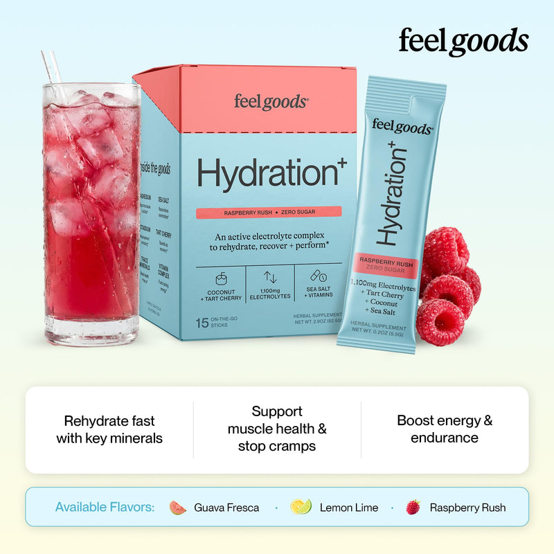 Feel Goods Hydration+, Sugar Free Electrolyte Powder Packets - 15 Count | Hydration Plus with 1,100mg Electrolytes with Magnesium, Potassium & Vitamins - Keto & Vegan, Energy Boost - Blue Raspberry 15 Servings (Pack of 15) Raspberry Rush