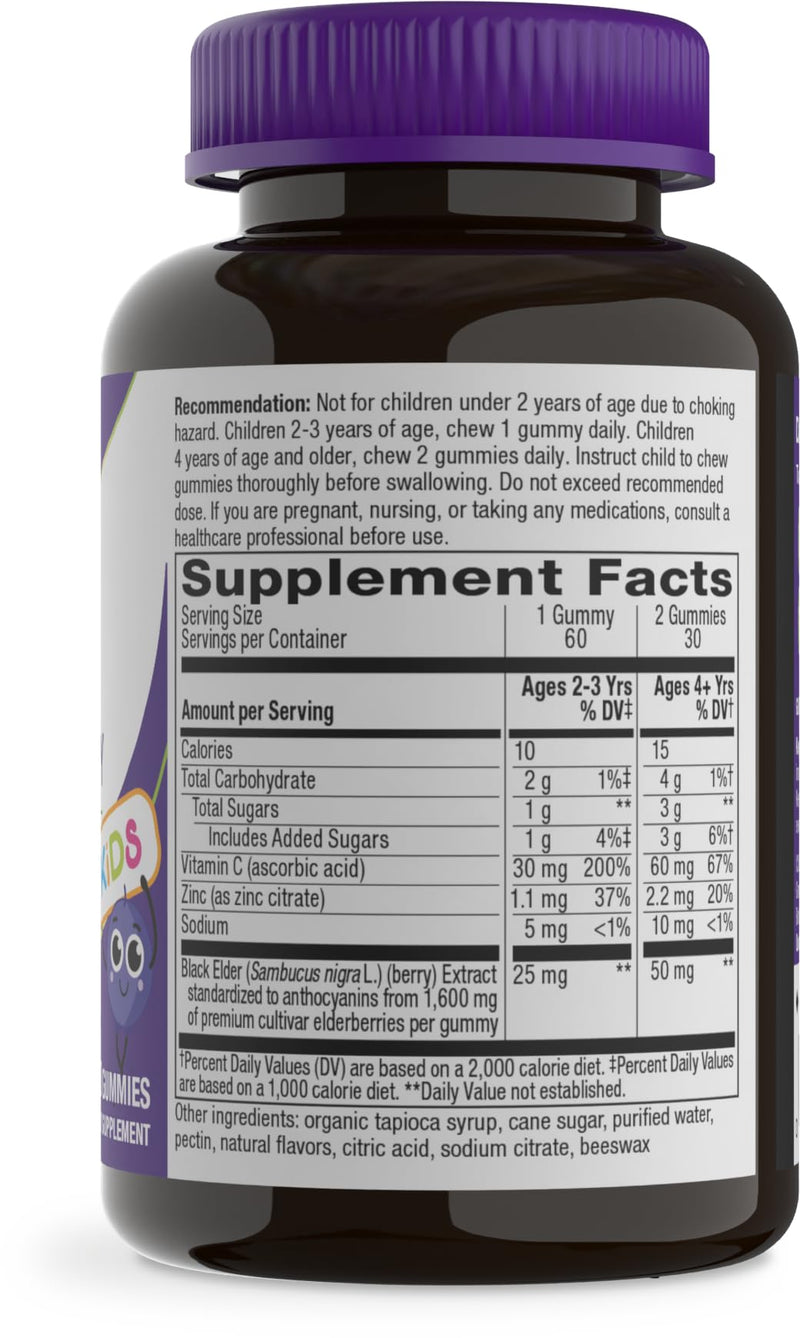 Nature's Way Sambucus Kids Elderberry Immune Gummies, Ages 2+, 60 ct x 3 | Daily Immune Support Gummy with Black Elderberry Extract, Vitamin C and Zinc, for Children Ages 2+*, Set of 3 60 Count (Pack of 3)