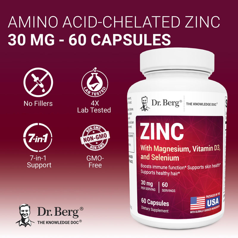 Dr. Berg Zinc 30 mg (60 Capsules) – High Potency 7-in-1 Immune Support Formula – Chelated Zinc with Vitamin D & Selenium for Healthy Skin, Hair & Daily Wellness – No Fillers, 4X Tested* 60 Count (Pack of 1)
