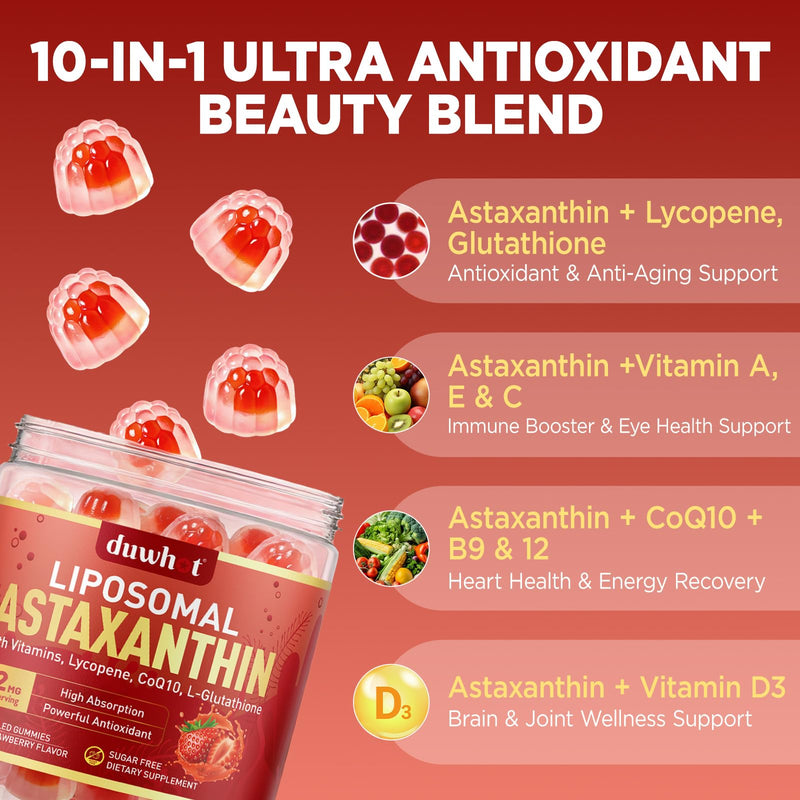 Liposomal Astaxanthin 12mg Gummies for Powerful Antioxidant, Vegan, 60 | Organic Astaxanthin Supplements with Lycopene, Glutathione, Vitamins & CoQ10 for Eye, Skin & Immune Health, Sugar Free