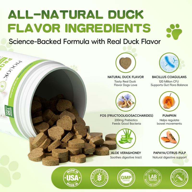 Dog Probiotics + Multivitamin Supplement, 15 in 1 Probiotic Chews for Dogs with Glucosamine Cranberry - 150 Soft Chews, Duck Flavor, Digestive Health, Diarrhea, Allergies, Joint Support, Immune System