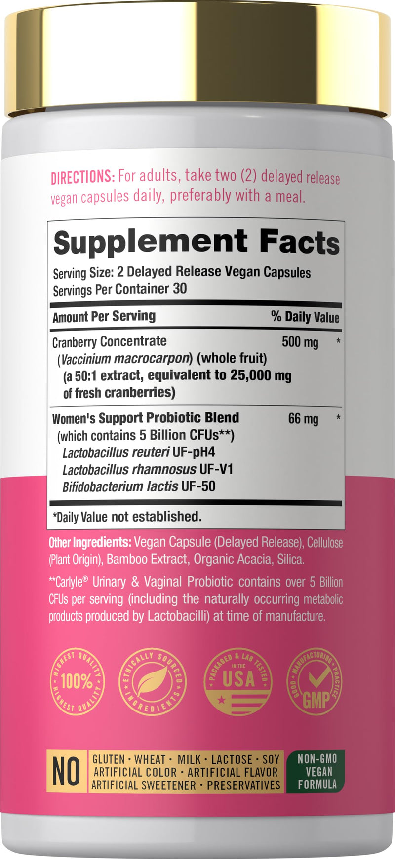 Carlyle Urinary and Vaginal Probiotic for Women | 60 Capsules | with Cranberry | Supports Healthy Urinary Tract, Vaginal pH, Yeast Balance, Vaginal Flora | Vegan, Non-GMO and Gluten Free | for Her