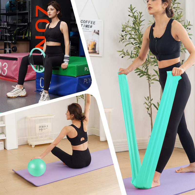 Tsikavo Pilates Ring, Pilates Ring Circle and Ball Set, 12 Inch Magic Circle Pilates Ring,9 Inch Small Exercise Ball,Resistance Bands Set, Home Pilates Equipment for Women Teal