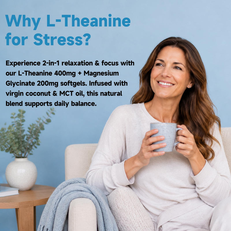 L-Theanine 400mg with Magnesium Glycinate,300 Softgels | Extra Strength with MCT Oil for Calm, Relaxation & Focus Support - Non-GMO,Gluten & Soy-Free,150-Day Supply 300 Count (Pack of 1)
