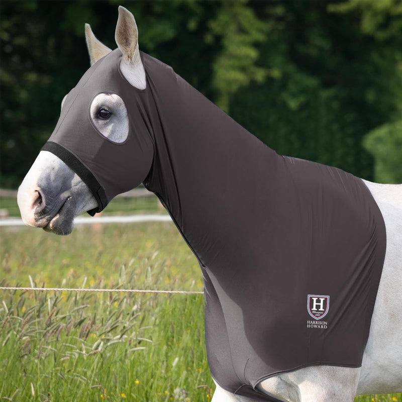 Harrison Howard Stretch Hood No Eye/Ear Covers Head, Shoulders, Mane, Chest, Withers Perfect for Show/Event Preparation-Grey M - BeesActive Australia