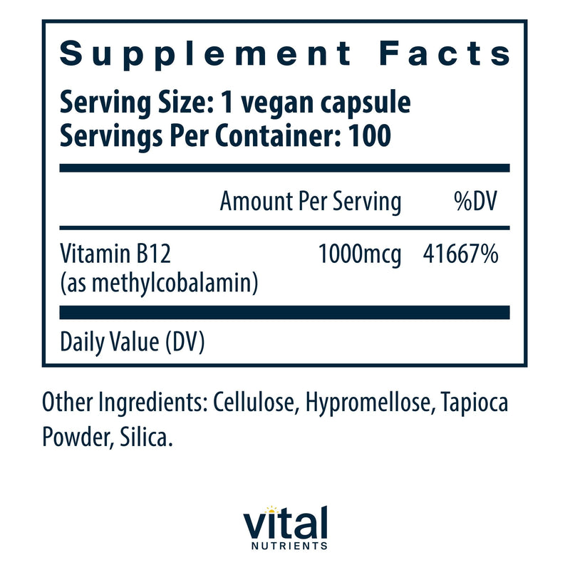 Vital Nutrients Vitamin B12 1000mcg - Vegan - Methylcobalamin for Metabolism, Cognitive & Nervous System Health* - High-Potency B12 Supplement - Gluten, Dairy, Soy Free - 100 Capsules