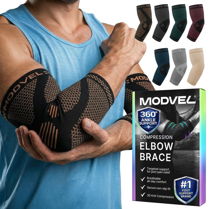 Modvel 2 Pack Elbow Brace - Golfer's Elbow Compression Sleeve Support for Joint Pain Relief, Recovery, Tendonitis Braces, Tennis Elbows Brace For Men & Women, Workout & Weightlifting Arm Wrap Copper Large - BeesActive Australia