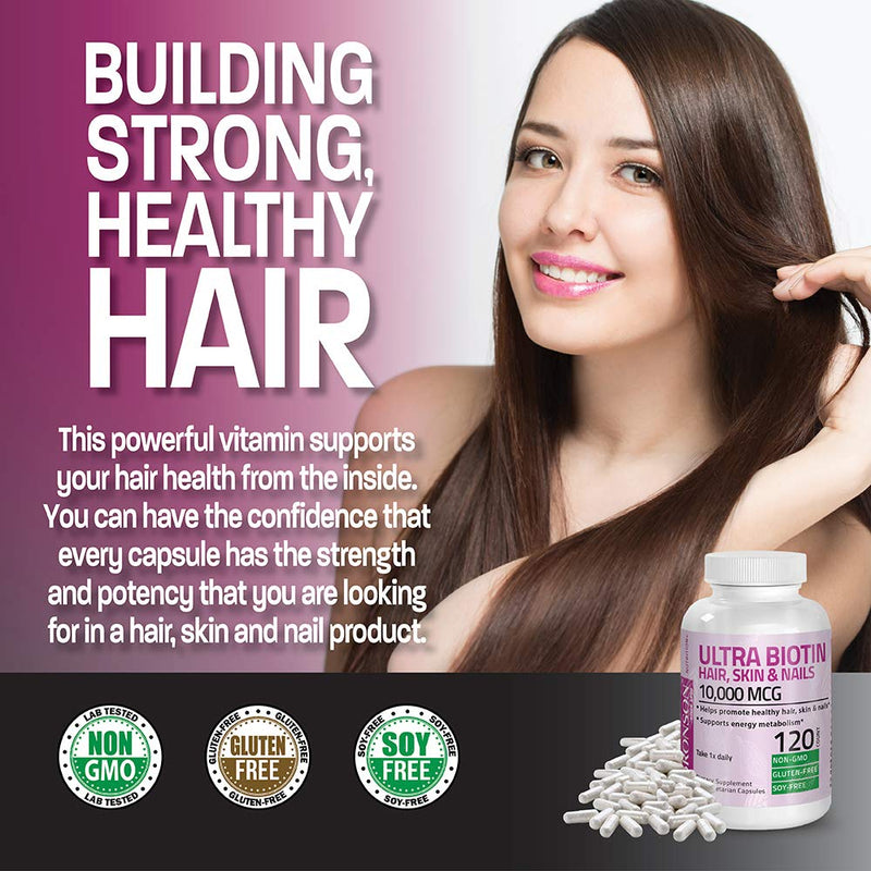Bronson Ultra Biotin 10,000 mcg Hair, Skin & Nails, 120 Vegetarian Capsules | Once-Daily, Energy Metabolism Support, Non-GMO, Gluten-Free & Soy-Free 120 Count (Pack of 1)