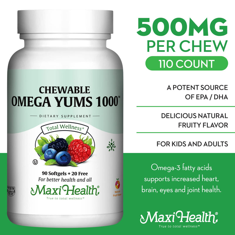Maxi Health Omega Yums 1000 - Kid Friendly - Fruity Burst Flavor - 110 Softgel Capsules - Kosher | EPA-DHA High Potency, Fatty Acids, Heart, Brain, Joint Health, Fruity Burst Flavor, Kid Friendly, Kosher Certified Fruit Flavor 1000™ 110 Count (Pack of 1)