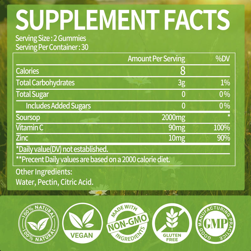 Soursop Graviola Gummies, Sour sop Leaves & Fruit Extract Vitamin C, Zinc | Soursop Bitters for immune Support, 60 Count, Sugar Free, Vegan, Gluten Free 60 Count (Pack of 1)