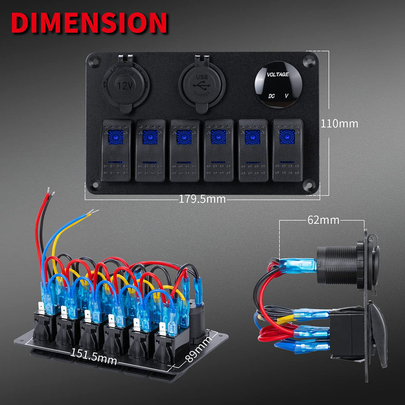 DaierTek 6 Gang Marine Rocker Switch Panel Waterproof 12 Volt, Boat Toggle Switch Panel 12V Blue LED Lighted for Boat Car RV UTV with USB Cigarette Lighter Socket Voltmeter