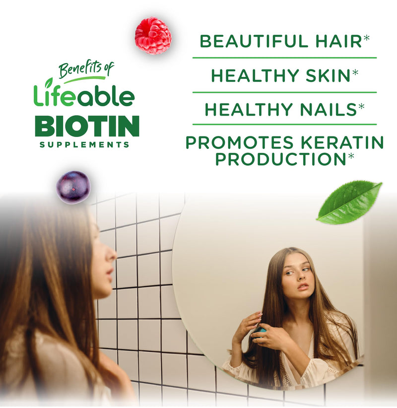 Lifeable Teens Biotin 10000mcg Gummies | Vitamin B7 | Vegan Biotin Supplement | Great Tasting Biotin Gummies for Hair Growth, Healthy Skin and Nails | Biotin Vitamins for Teens | 90 Gummies