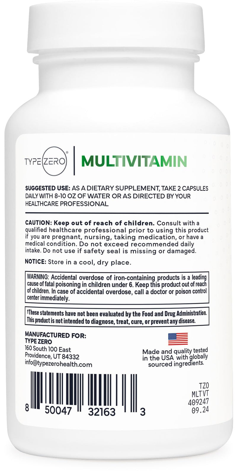 Type Zero Multivitamin Capsules (1,300mg) 120 Capsules, Vegetarian Friendly | With Probiotics + 22 Vitamins and Minerals, GMO-Free