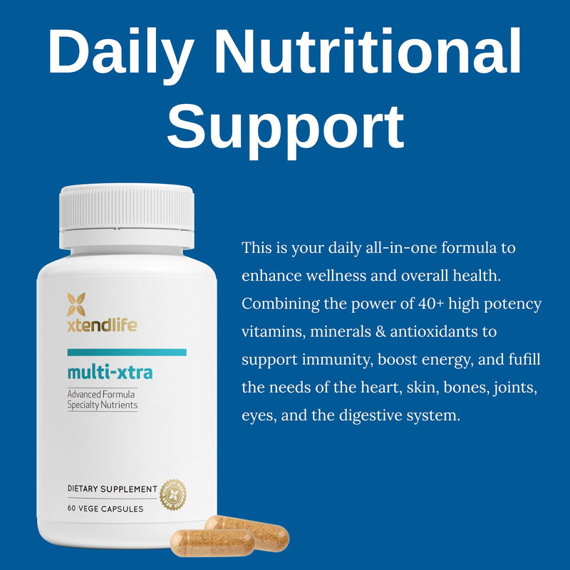Xtendlife Multi‑Xtra Daily Multivitamin Supplement, 30 Day Supply | 40+ Vitamins, Minerals & Antioxidants for Energy, Immune & Heart Support – High Potency Bioavailable Formula Multi-Xtra Multivitamin
