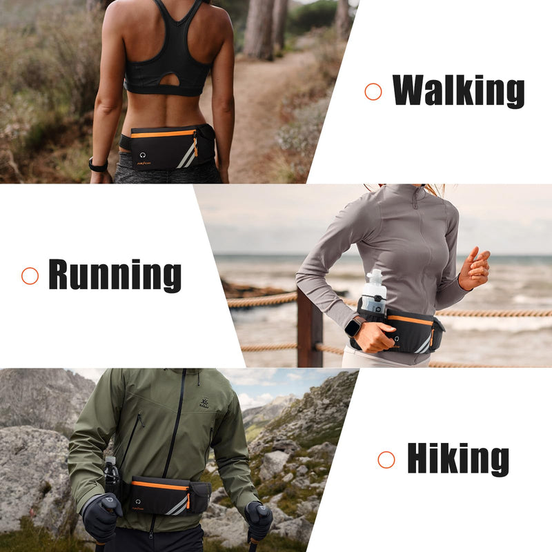 Running Belt with Water Bottle Holder: Detachable Bottle Pouch - Slim Running Belt - Large Capacity No Bounce for Walking(Bottles NOT Included) Black