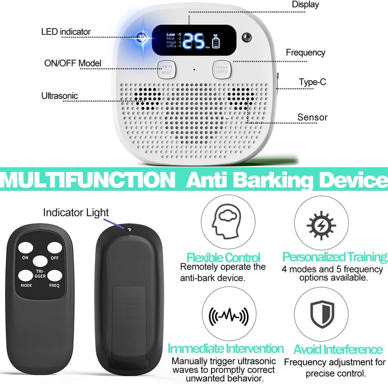 Dog Barking Control Devices, Anti Barking Device for Dogs with Remote Control, Ultrasonic & Sensor Technology, Rechargeable, Waterproof, Adjustable Modes & Frequencies, Bark Box Indoor Outdoor(White)
