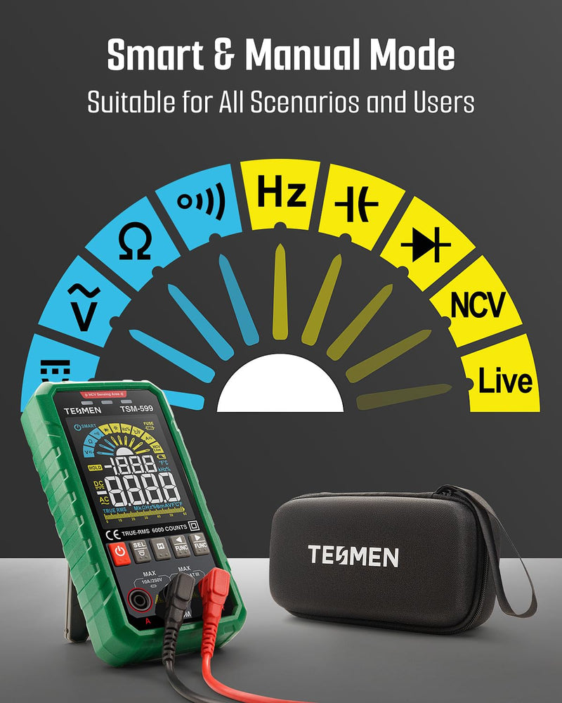 TSM-599 Smart Digital Multimeter, TRMS 6000 Counts, Voltage Tester, Volt Meter with NCV, DC/AC Voltage&Current, Resistance, Continuity, Diode, Capacitance, Hz%, Temperature, Live Wire - Green TSM-599 Auto&Manual Dual Multimeter - BeesActive Australia