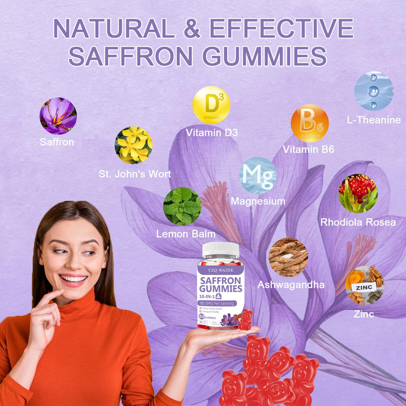 Saffron Gummies 88.5 mg for Kids & Adults with Magnesium 10-in-1 Saffron Supplements Vitamin D3, B6, Magnesium, Zinc, L-Theanine for Emotions Vision Sugar Free, Strawberry Flavor, 60 Count