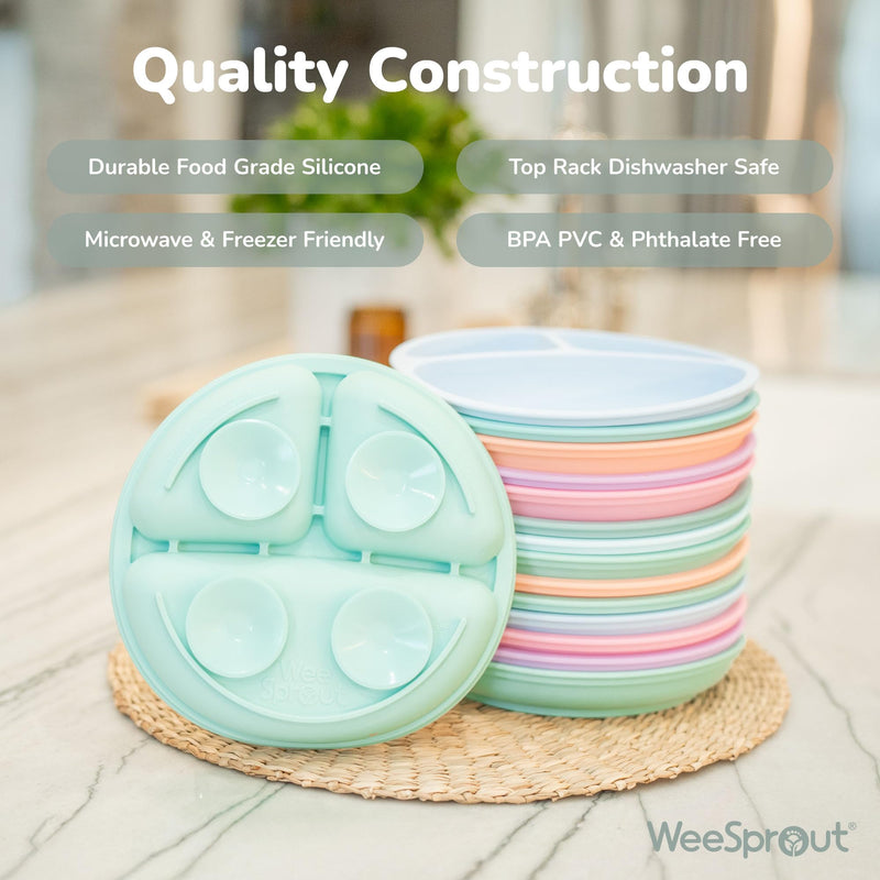 WeeSprout Suction Plates with Lids for Babies & Toddlers - 100% Silicone, Dinnerware Stays Put, Divided Design for Picky Eaters, Microwave & Dishwasher Friendly, 3 Pack Matte Dark Grey, Blue & Green - BeesActive Australia