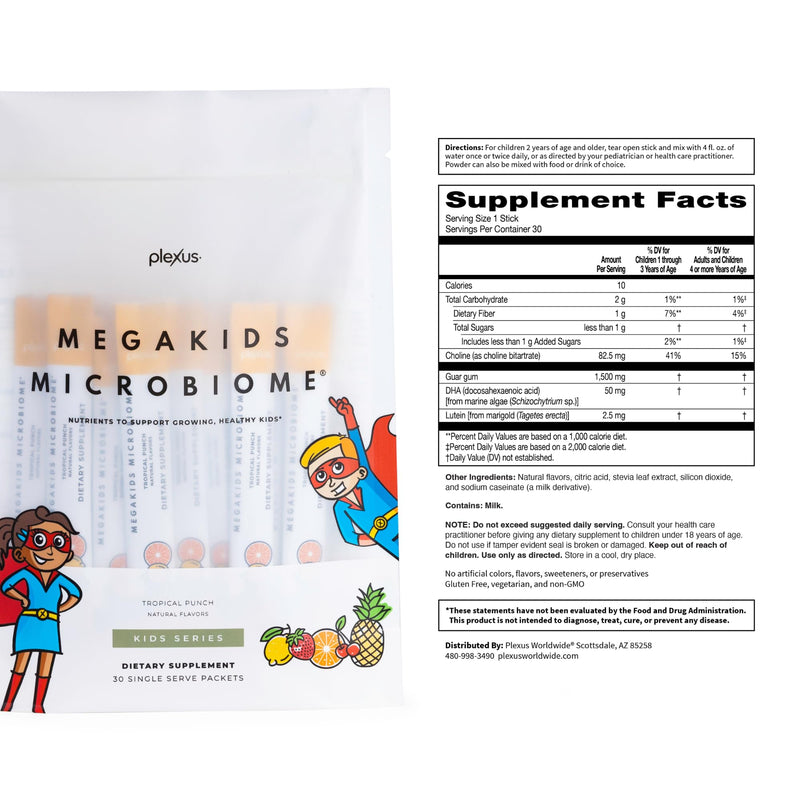 Plexus MegaKids Microbiome® 30 Single Serve Packets | 50mg vegetarian DHA, choline, lutein & prebiotic fiber — suitable for kids 2+