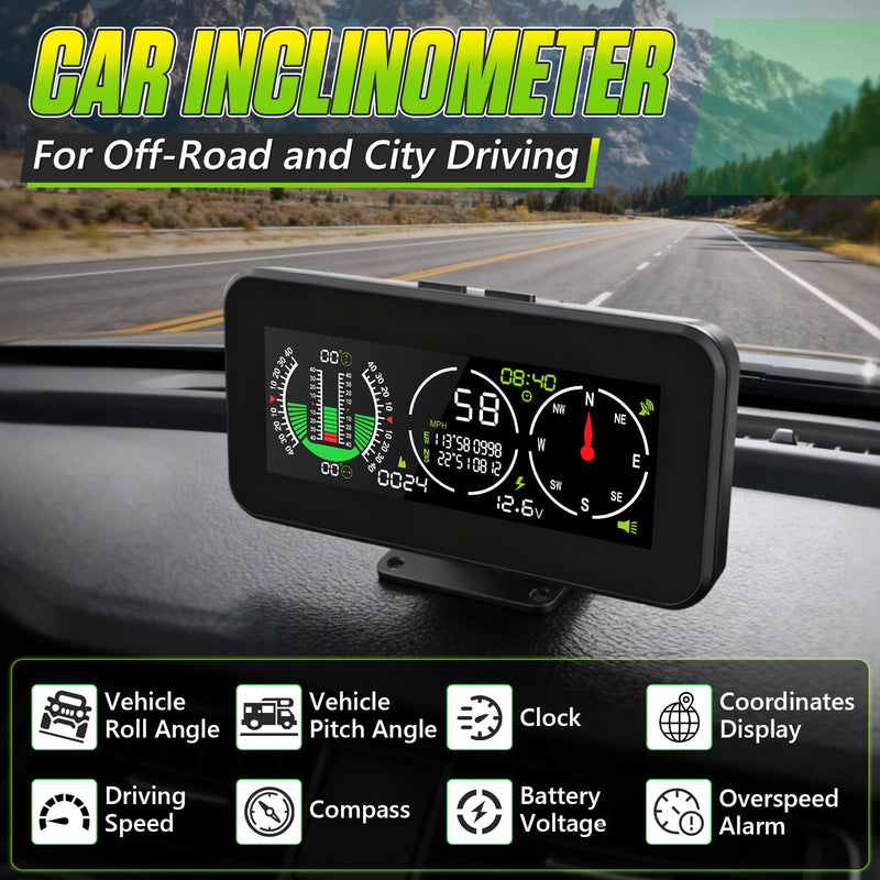 Car Inclinometer for Off Road Vehicles, GPS Speedometer MPH KMH with Compass Multfunctional Digital HUD Level Tilt Gauge Angle Slope Meter with Coordinate Display, M60