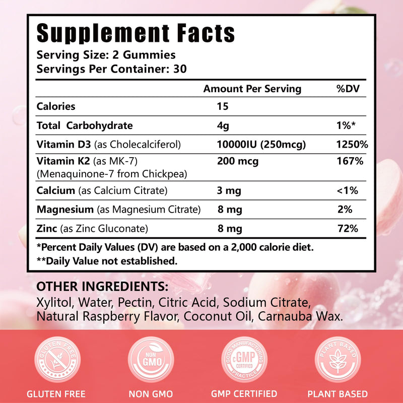 Vitamin D3 & K2 Gummies (2-Pack, 120 Count), Vitamin D3 10000IU, K2 (MK-7) 200mcg, with Zinc, Plant-Sourced K2 from Chickpea – Supports Bone, Heart & Immune Health,Non-GMO, Gluten-Free, Peach Flavor